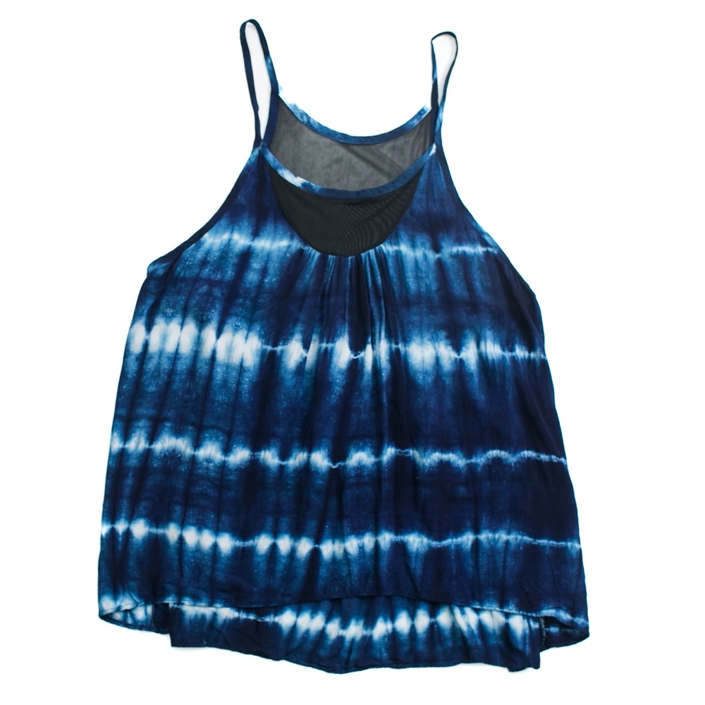 Woodleigh blue tie dye tank top with black sheer detailing size L